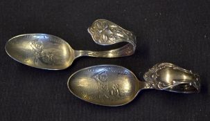 2x sterling silver golfing "Foxy Grandpa" embossed caddy tea spoons - wt.88gms