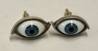 Great Pair of Orvelo Taxco Silver Cufflinks decorated with artificial eyes, stamped Mexico, and