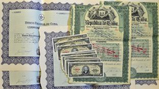 Cuba Share Certificates to include 3x 1905 Republica De Cuba $100 shares in green detail and fine