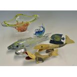 Fish Ornament Selection to include 2x colourful fish ornaments, a plain glass fish with Silver plate