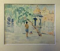 India and Punjab - Watercolour of Amritsar scene of a young Sikh bathing by the Golden Temple at