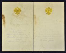 Czar Nicholas II of Russia Menus while aboard his new yacht 'Standart' date September 1896