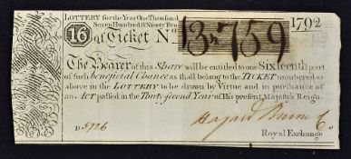 1792 Early Lottery Ticket a Sixteenth part of the chance issued by Lottery Agent with interesting