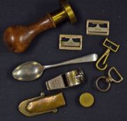 Brass and Wood Claims Stamp also including a Royal Ordnance Factory Chorley 1940 silver teaspoon,