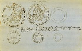 17th Century finely executed Heraldic Seals 6x Pen and ink detailed drawings on two leaves measuring