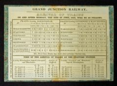 Railway Grand Junction Timetable 1838 detailing the times of the 6 trains daily up and down the line