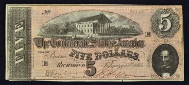 1864 Confederate States of America $5 Banknote with vignette of the Capital (Government Building) in