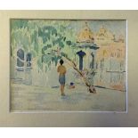 India and Punjab - Watercolour of Amritsar scene of a young Sikh bathing by the Golden Temple at