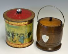 Biscuit Tin depicting Ballroom dancers and a wooden barrel with handle with ceramic insert,