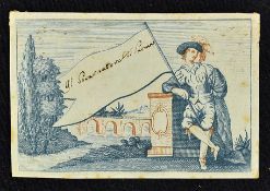 18th Century Unusual two Colour Visiting Card Circa 1730 - 70s. Standing man with flag by aqueduct