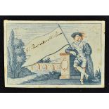 18th Century Unusual two Colour Visiting Card Circa 1730 - 70s. Standing man with flag by aqueduct