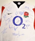 2005/06 England signed international rugby shirt - O2 sponsors shirt signed to the front by 13