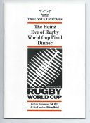 1991 Rugby World Cup Final "Heinz" Eve of The World Cup Final Charity Dinner menu and final