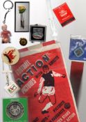 Football Memorabilia: Box containing coins, badges, keyrings, medal, books, programmes, postcards