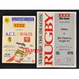 2x 1996 Wales Rugby Tour to Australia signed rugby programmes to incl v A.C.T played on Wed 10th