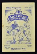 1952/53 Millwall v Manchester United football programme dated 2 May 1953, friendly match at The Den,