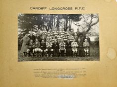 1938/39 Cardiff Longcross Rugby club official black and white team photograph - mounted on card with