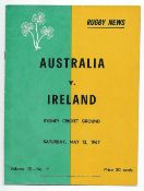Rare 1967 Australia v Ireland rugby programme - for test match played at the Sydney Cricket Ground