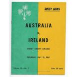 Rare 1967 Australia v Ireland rugby programme - for test match played at the Sydney Cricket Ground