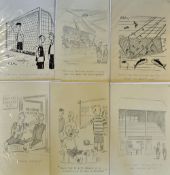 Selection of CW Ende Pencil and Ink hand drawn humorous football illustrations with short comical