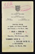 1964 FA Itinerary booklet, for Spain v England youth international at Murcia 27 February also covers