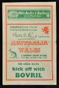 1947 Wales vs Australia rugby programme - played at Cardiff Arms Park 20th December with Wales