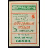 1947 Wales vs Australia rugby programme - played at Cardiff Arms Park 20th December with Wales