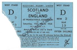 1958 Scotland v England Calcutta Cup rugby match ticket - complimentary ticket played at Murrayfield