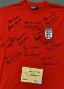 Signed 1966 World Cup England football shirt extensively signed to the front by Hunt, Banks,