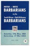 Scarce 1969 South African Barbarians v British Barbarians rugby programme played at Port Elizabeth