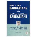 Scarce 1969 South African Barbarians v British Barbarians rugby programme played at Port Elizabeth