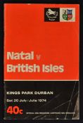 1974 British Lions v Natal rugby programme - played at Kings Park Durban on Saturday 20th July