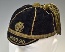 Rugby/Football Cap: 1899/90 black velvet rugby cap - with embroidered crest and date to the front