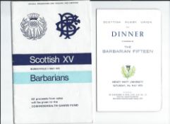1970 Scottish XV v Barbarians rugby programme and dinner menu - with all the sale proceeds going