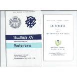 1970 Scottish XV v Barbarians rugby programme and dinner menu - with all the sale proceeds going