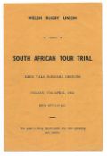 Scarce 1964 Welsh Rugby Union trials match rugby programme - for the Wales first ever tour of