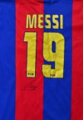 Lionel Messi Signed Barcelona football shirt a replica shirt small sized home shirt, signed to the