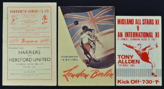 1954 Berlin v London Inter Cities football programme date 18 November 1953 t/w 1954/55 Kidderminster