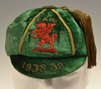 Billy Hughes 1938/39 Wales International Cap green velvet with a gold tassel, FAW crest to front, in
