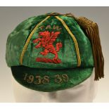 Billy Hughes 1938/39 Wales International Cap green velvet with a gold tassel, FAW crest to front, in