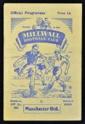 1953/54 Friendly match Millwall v Manchester United football programme dated 5 October 1953 floodlit