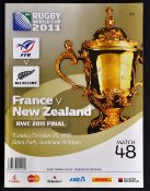2011 Rugby World Cup Final Programme New Zealand v France - played at Eden Park Auckland won by