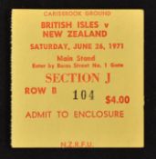 1971 British Lions v New Zealand match ticket - 1st test match played at Dunedin winning 9- 3 and