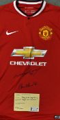 Bobby Charlton and Wayne Rooney Signed 2014 Manchester United football shirt signed to the front