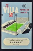1961 Aston Villa v Burnley football programme League Cup Semi-Final 2nd Leg date 26 April, in good