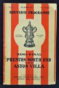 1938 FA Cup Semi-Final Aston Villa v Preston North End football programme at Bramhall Lane,