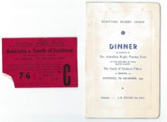 Rare 1957 South of Scotland v Australia rugby ticket and dinner menu - played at Hawick on Sat 7th