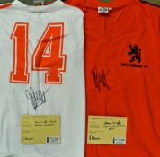 Johan Cruyff Signed Retro Holland Football shirts a 1974 West Germany replica shirt signed to the