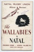 Rare 1953 Natal v Australia rugby programme - played at Kingsmead Durban on Saturday 20th June, hand