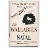 Rare 1953 Natal v Australia rugby programme - played at Kingsmead Durban on Saturday 20th June, hand